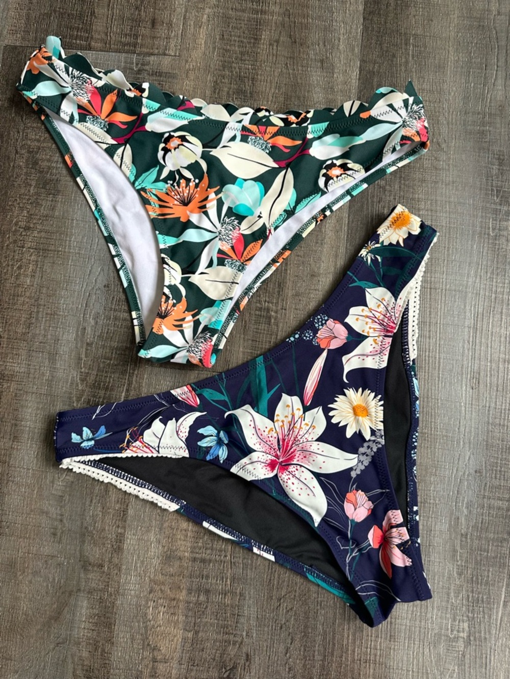 Floral Bikini Bottoms Bundle Scalloped Lace Trim Green Navy Swim 2 Pack